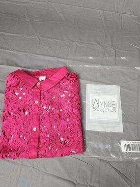 Wynne Collection Womens 3X Pink Lace Button Front Collared Short Sleeve Blouse